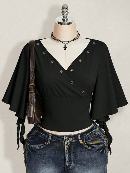 ICON Plus Size Women's Summer Dark Punk Style Black Surplice Neck Ruffle Sleeve Grommet Detail Fitted Cropped T-Shirt