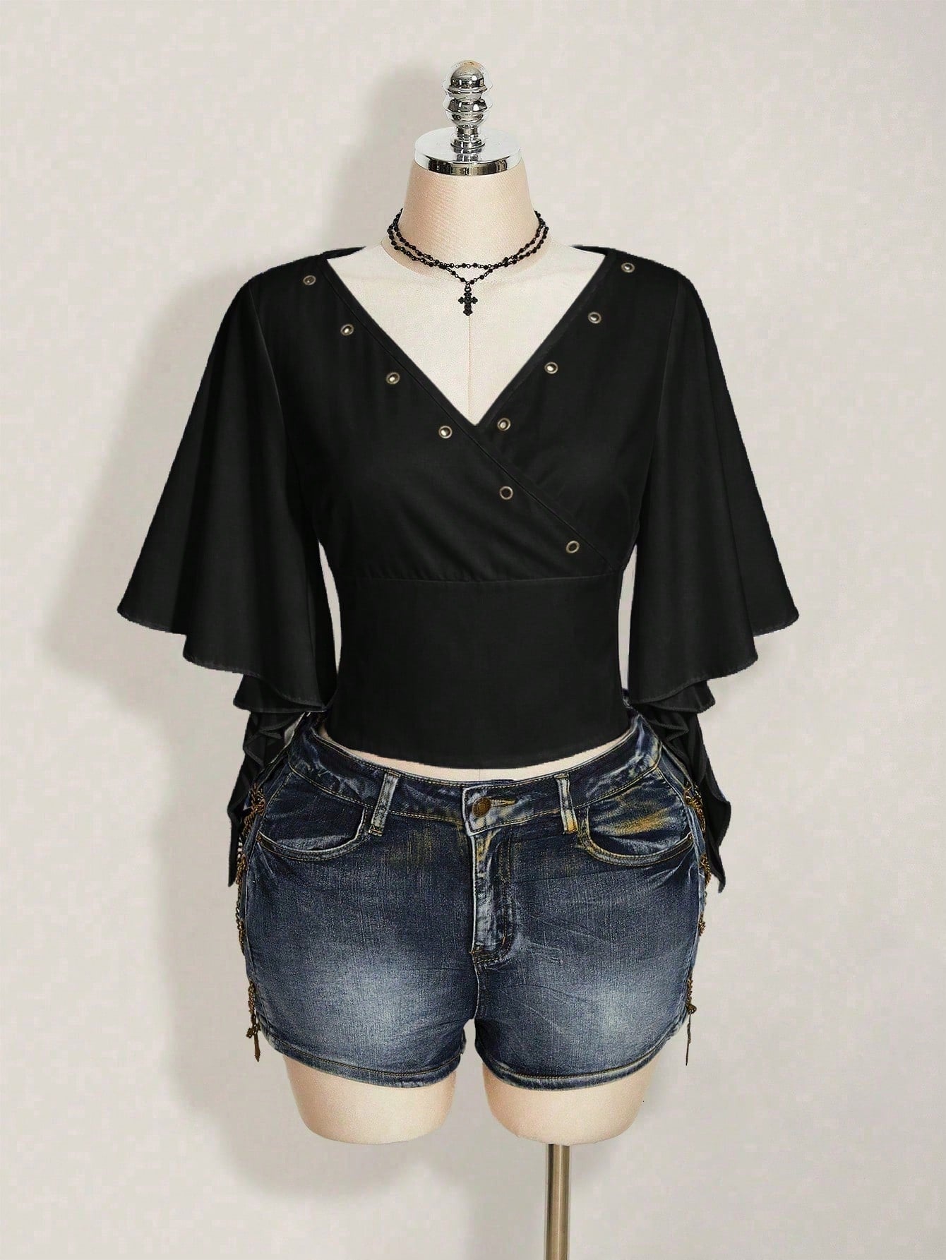 ICON Plus Size Women's Summer Dark Punk Style Black Surplice Neck Ruffle Sleeve Grommet Detail Fitted Cropped T-Shirt