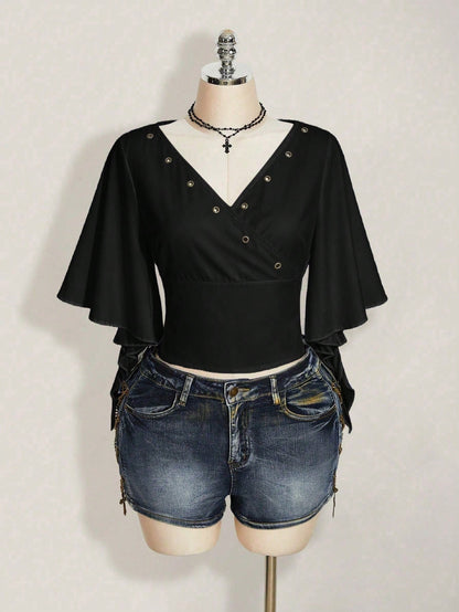 ICON Plus Size Women's Summer Dark Punk Style Black Surplice Neck Ruffle Sleeve Grommet Detail Fitted Cropped T-Shirt