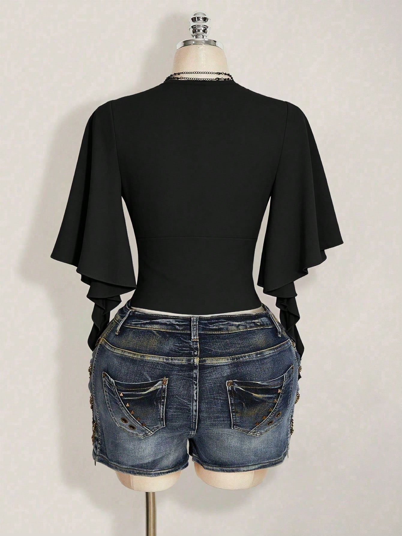 ICON Plus Size Women's Summer Dark Punk Style Black Surplice Neck Ruffle Sleeve Grommet Detail Fitted Cropped T-Shirt