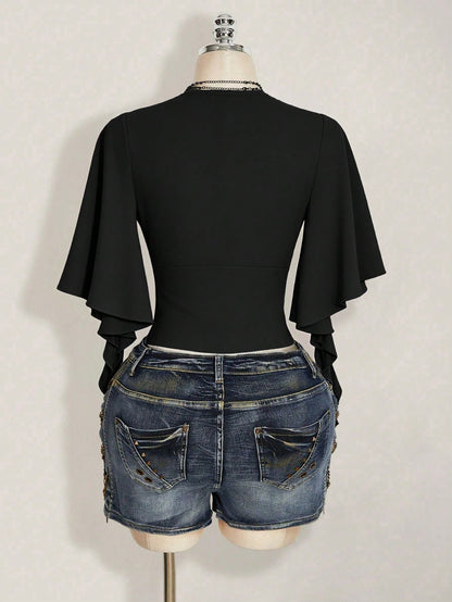 ICON Plus Size Women's Summer Dark Punk Style Black Surplice Neck Ruffle Sleeve Grommet Detail Fitted Cropped T-Shirt