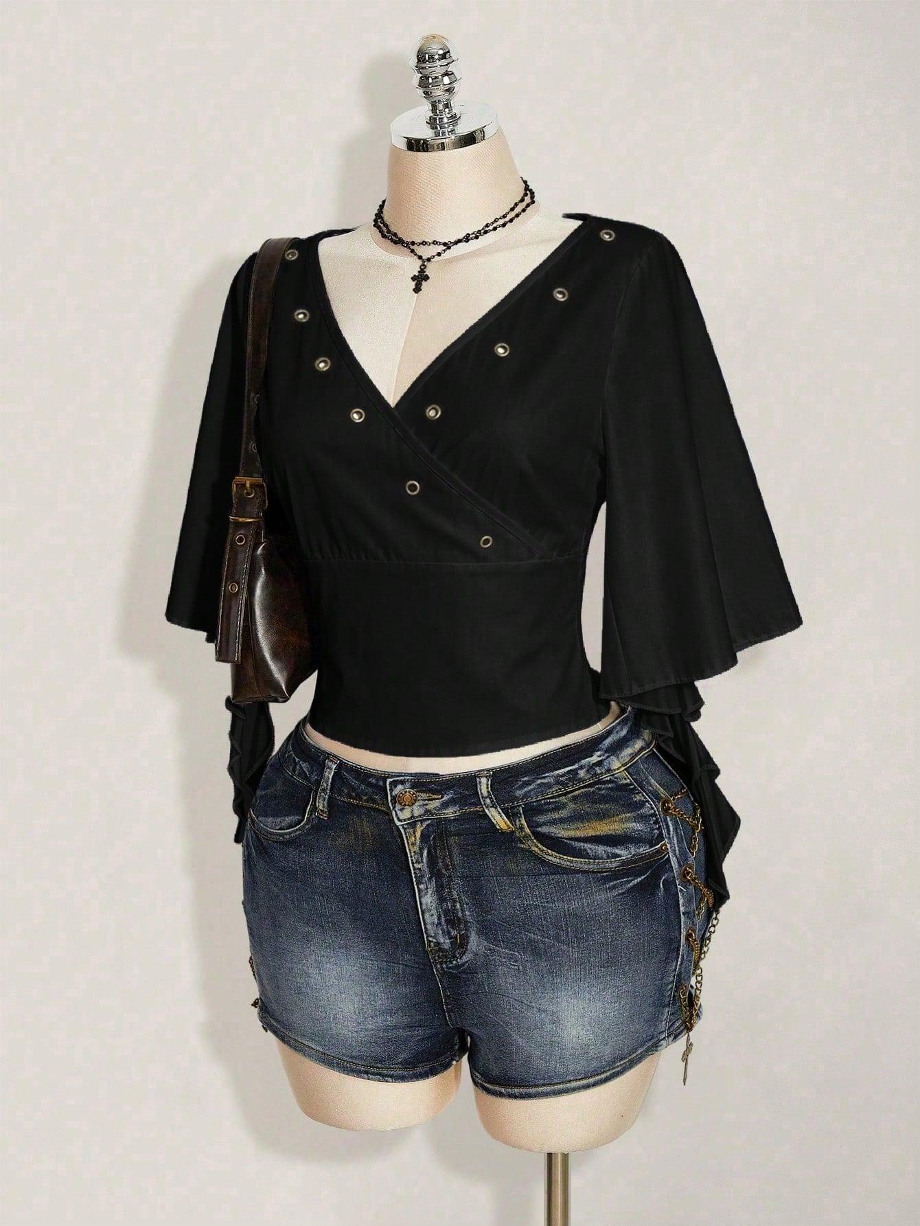 ICON Plus Size Women's Summer Dark Punk Style Black Surplice Neck Ruffle Sleeve Grommet Detail Fitted Cropped T-Shirt