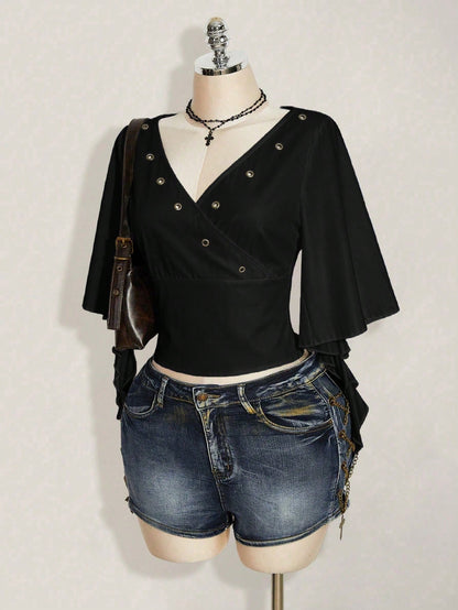 ICON Plus Size Women's Summer Dark Punk Style Black Surplice Neck Ruffle Sleeve Grommet Detail Fitted Cropped T-Shirt