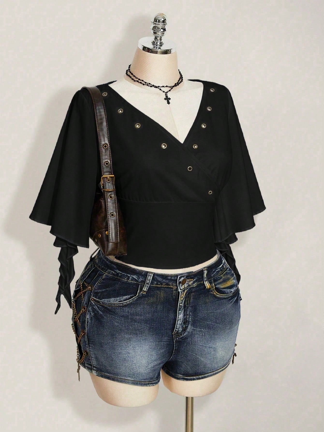 ICON Plus Size Women's Summer Dark Punk Style Black Surplice Neck Ruffle Sleeve Grommet Detail Fitted Cropped T-Shirt