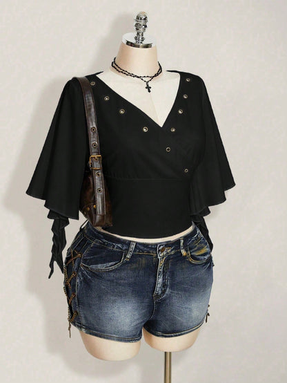 ICON Plus Size Women's Summer Dark Punk Style Black Surplice Neck Ruffle Sleeve Grommet Detail Fitted Cropped T-Shirt