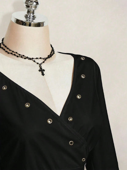 ICON Plus Size Women's Summer Dark Punk Style Black Surplice Neck Ruffle Sleeve Grommet Detail Fitted Cropped T-Shirt
