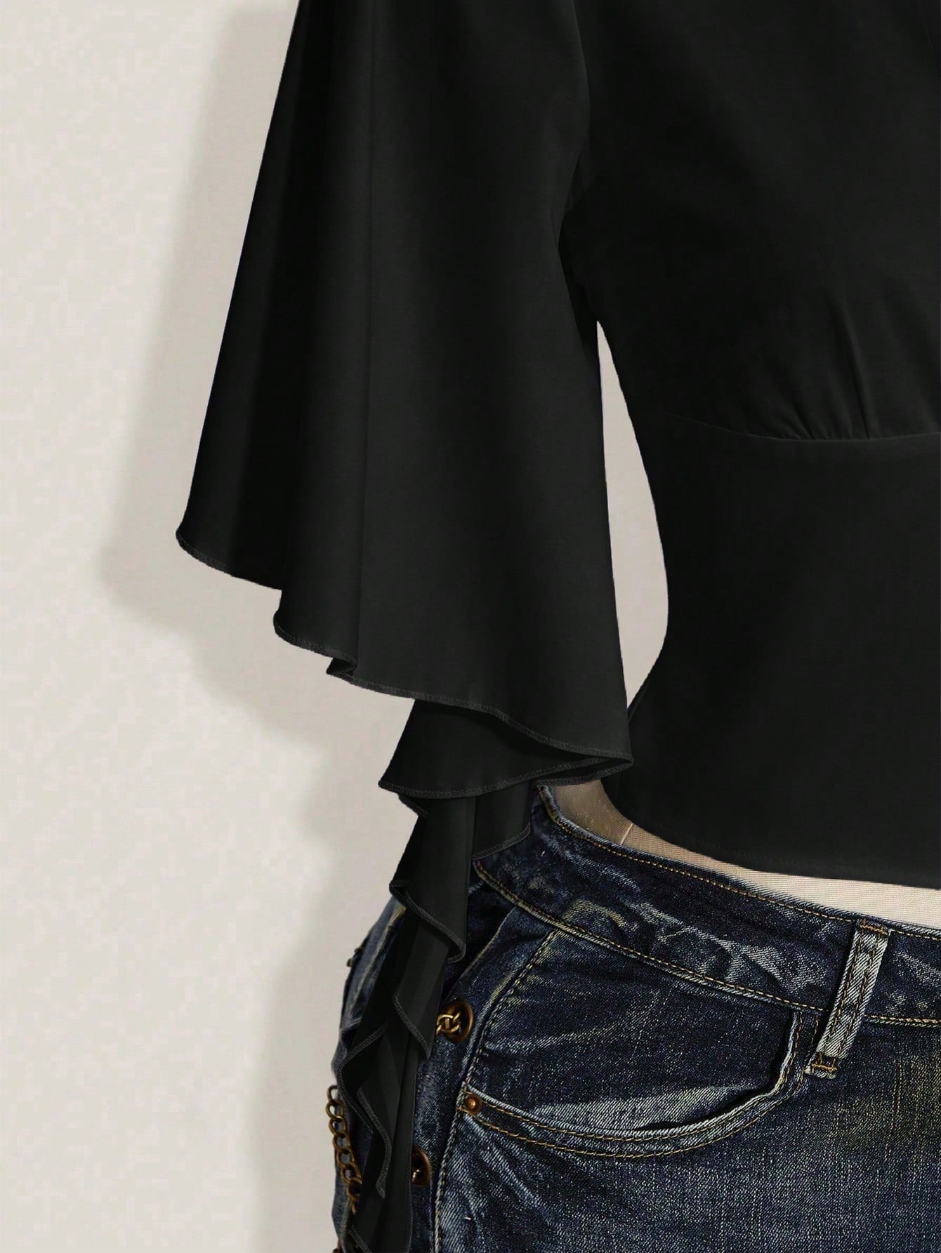 ICON Plus Size Women's Summer Dark Punk Style Black Surplice Neck Ruffle Sleeve Grommet Detail Fitted Cropped T-Shirt