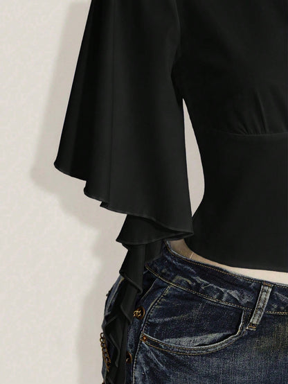 ICON Plus Size Women's Summer Dark Punk Style Black Surplice Neck Ruffle Sleeve Grommet Detail Fitted Cropped T-Shirt
