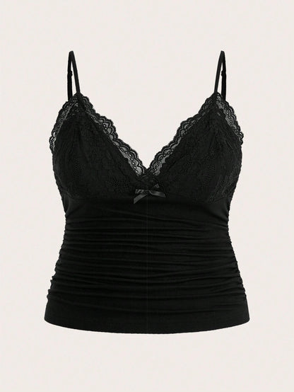 ICON Plus Size Women Summer Contrast Lace Pleated Camisole Top