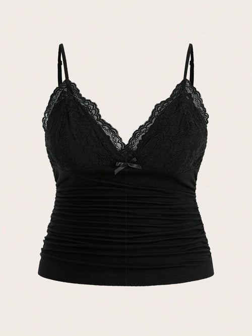 ICON Plus Size Women Summer Contrast Lace Pleated Camisole Top