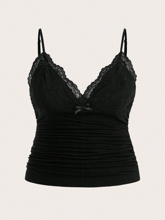 ICON Plus Size Women Summer Contrast Lace Pleated Camisole Top