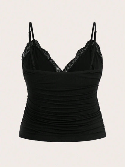ICON Plus Size Women Summer Contrast Lace Pleated Camisole Top
