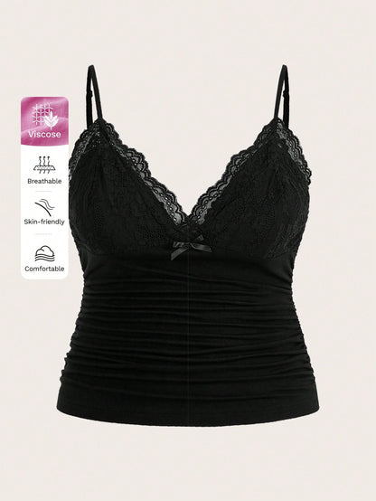 ICON Plus Size Women Summer Contrast Lace Pleated Camisole Top