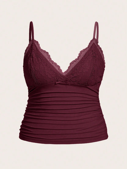 ICON Plus Size Women Summer Contrast Lace Pleated Camisole Top