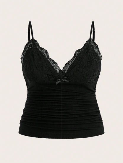 ICON Plus Size Women Summer Contrast Lace Pleated Camisole Top