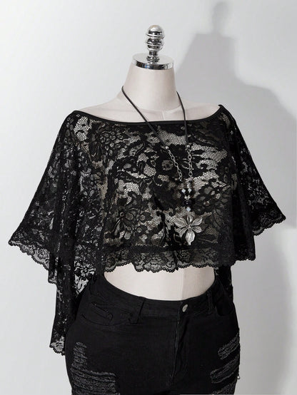 ICON Women's Plus Size Retro Sexy Millennial Style Y2K Simple Elegant Everyday Commute Boat Neck Can Be Worn Off-Shoulder Black Lace Shawl Semi-Sheer Top