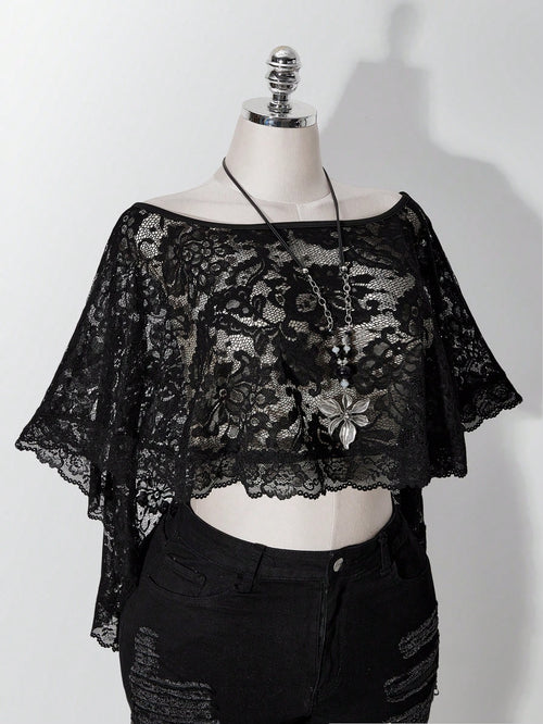 ICON Women's Plus Size Retro Sexy Millennial Style Y2K Simple Elegant Everyday Commute Boat Neck Can Be Worn Off-Shoulder Black Lace Shawl Semi-Sheer Top