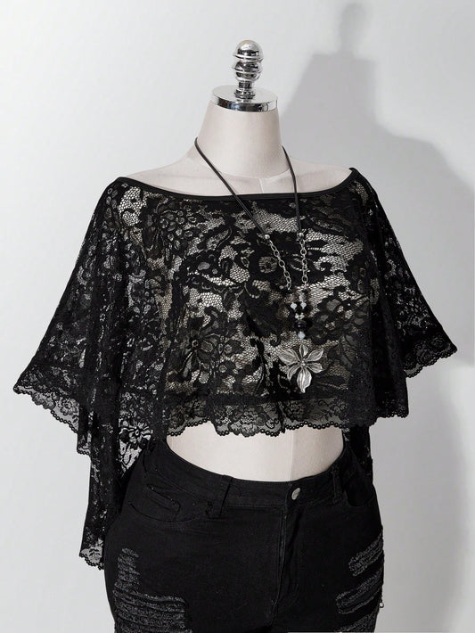 ICON Women's Plus Size Retro Sexy Millennial Style Y2K Simple Elegant Everyday Commute Boat Neck Can Be Worn Off-Shoulder Black Lace Shawl Semi-Sheer Top