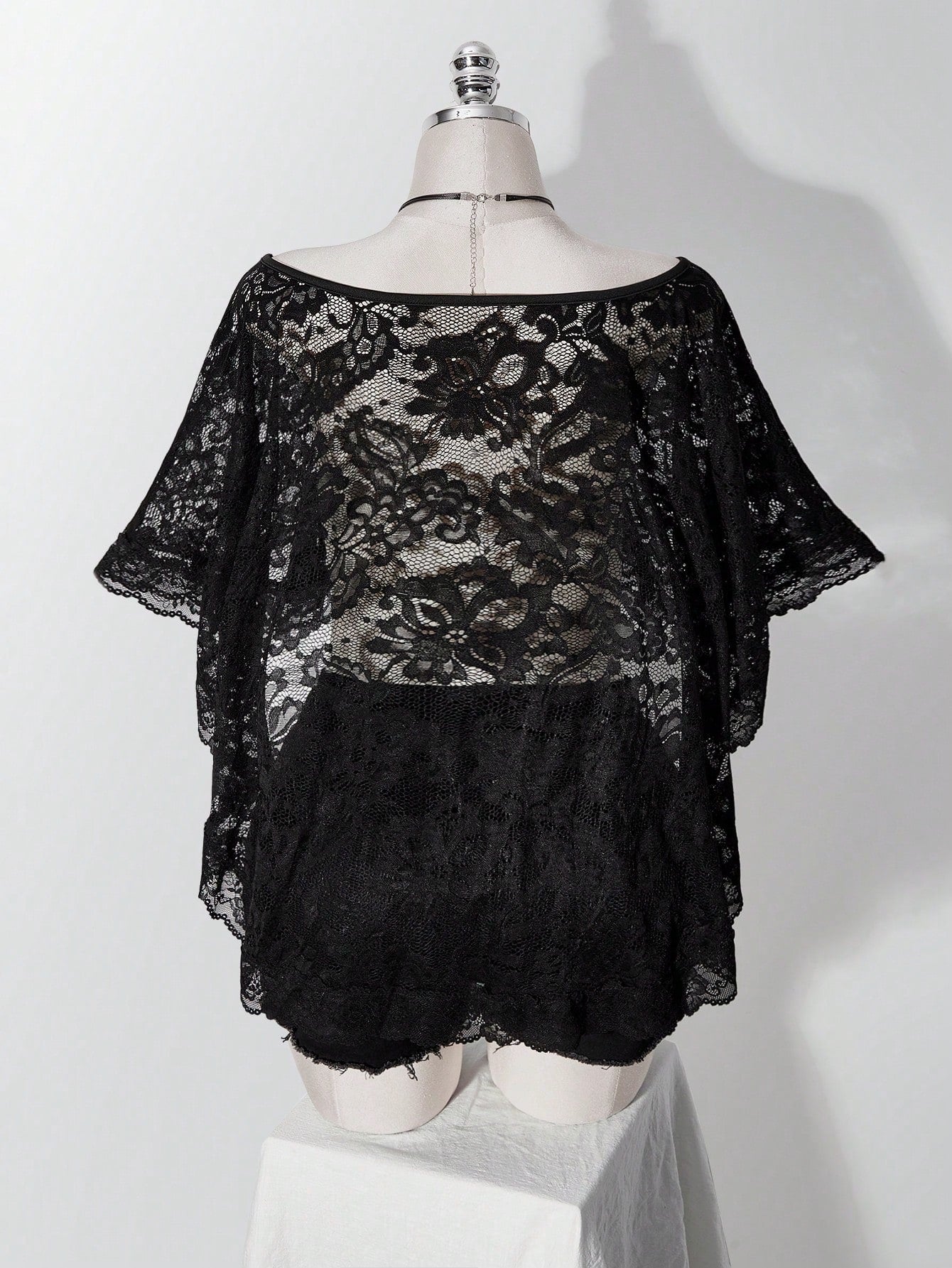 ICON Women's Plus Size Retro Sexy Millennial Style Y2K Simple Elegant Everyday Commute Boat Neck Can Be Worn Off-Shoulder Black Lace Shawl Semi-Sheer Top