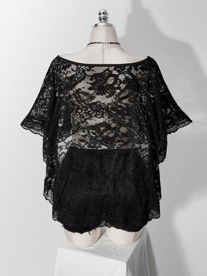 ICON Women's Plus Size Retro Sexy Millennial Style Y2K Simple Elegant Everyday Commute Boat Neck Can Be Worn Off-Shoulder Black Lace Shawl Semi-Sheer Top