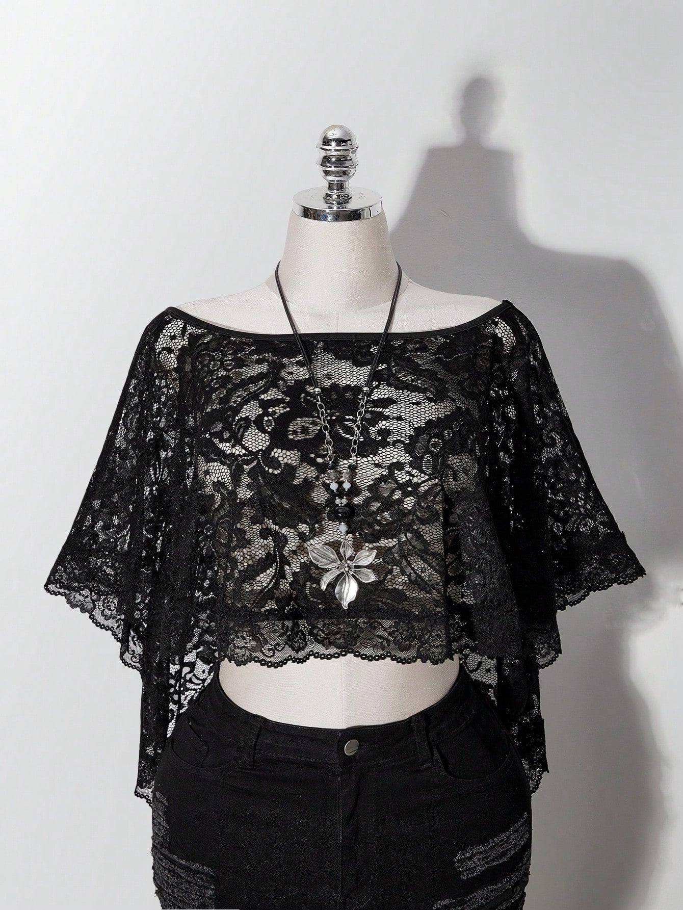 ICON Women's Plus Size Retro Sexy Millennial Style Y2K Simple Elegant Everyday Commute Boat Neck Can Be Worn Off-Shoulder Black Lace Shawl Semi-Sheer Top