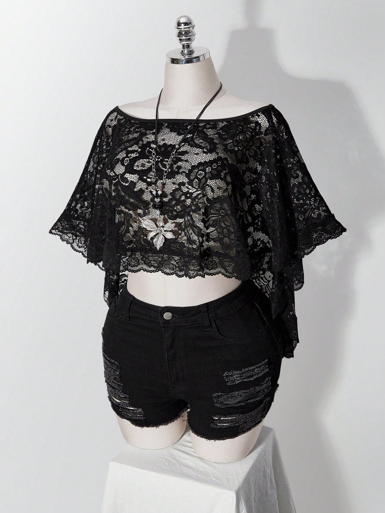 ICON Women's Plus Size Retro Sexy Millennial Style Y2K Simple Elegant Everyday Commute Boat Neck Can Be Worn Off-Shoulder Black Lace Shawl Semi-Sheer Top
