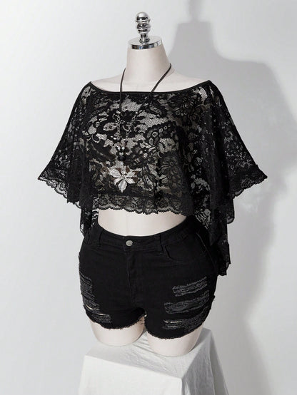 ICON Women's Plus Size Retro Sexy Millennial Style Y2K Simple Elegant Everyday Commute Boat Neck Can Be Worn Off-Shoulder Black Lace Shawl Semi-Sheer Top