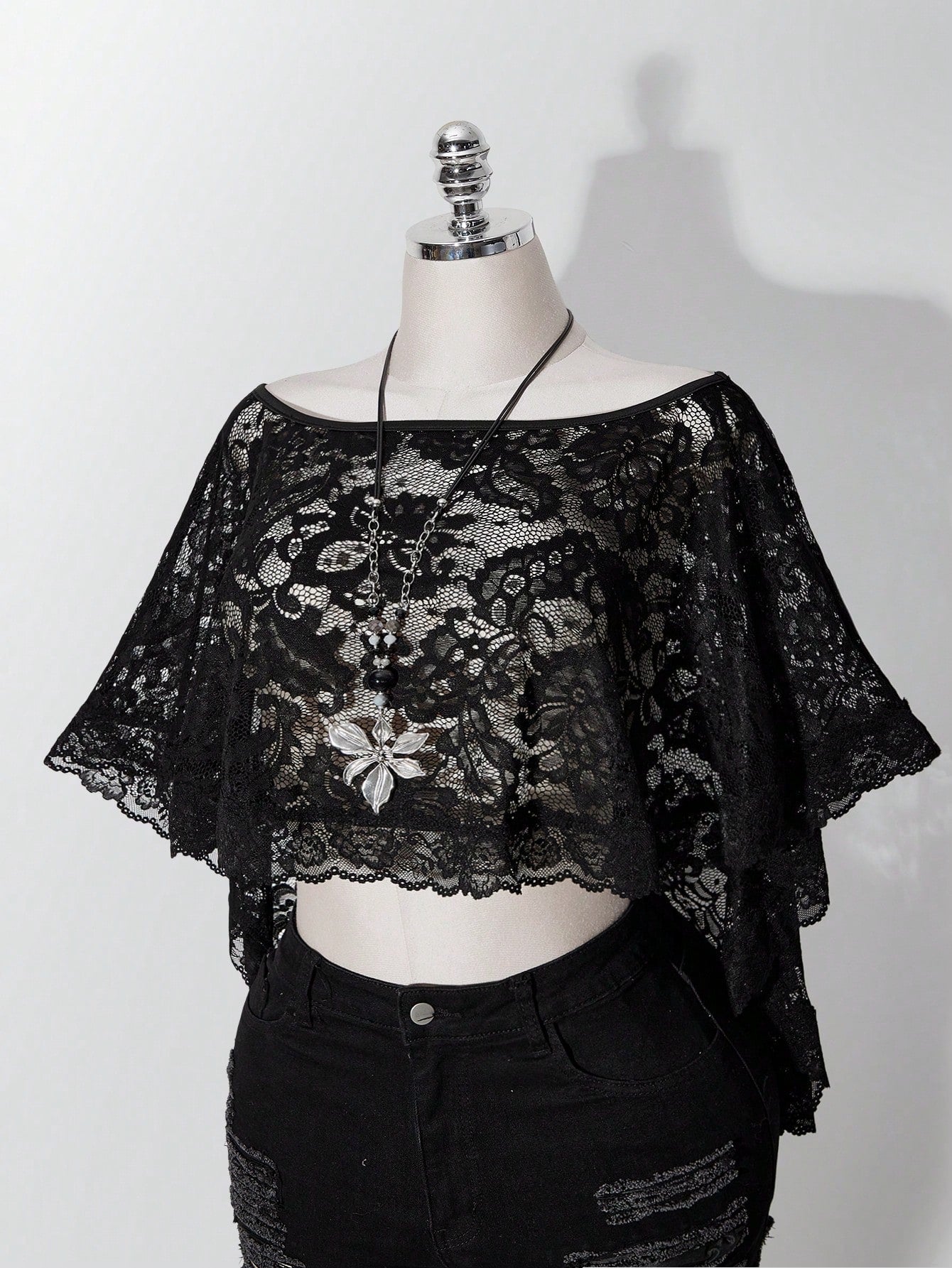 ICON Women's Plus Size Retro Sexy Millennial Style Y2K Simple Elegant Everyday Commute Boat Neck Can Be Worn Off-Shoulder Black Lace Shawl Semi-Sheer Top