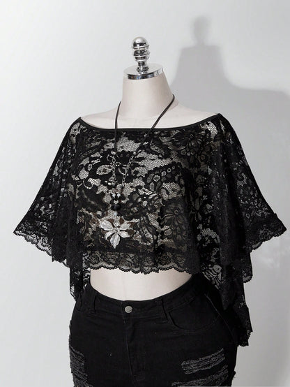 ICON Women's Plus Size Retro Sexy Millennial Style Y2K Simple Elegant Everyday Commute Boat Neck Can Be Worn Off-Shoulder Black Lace Shawl Semi-Sheer Top