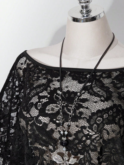 ICON Women's Plus Size Retro Sexy Millennial Style Y2K Simple Elegant Everyday Commute Boat Neck Can Be Worn Off-Shoulder Black Lace Shawl Semi-Sheer Top
