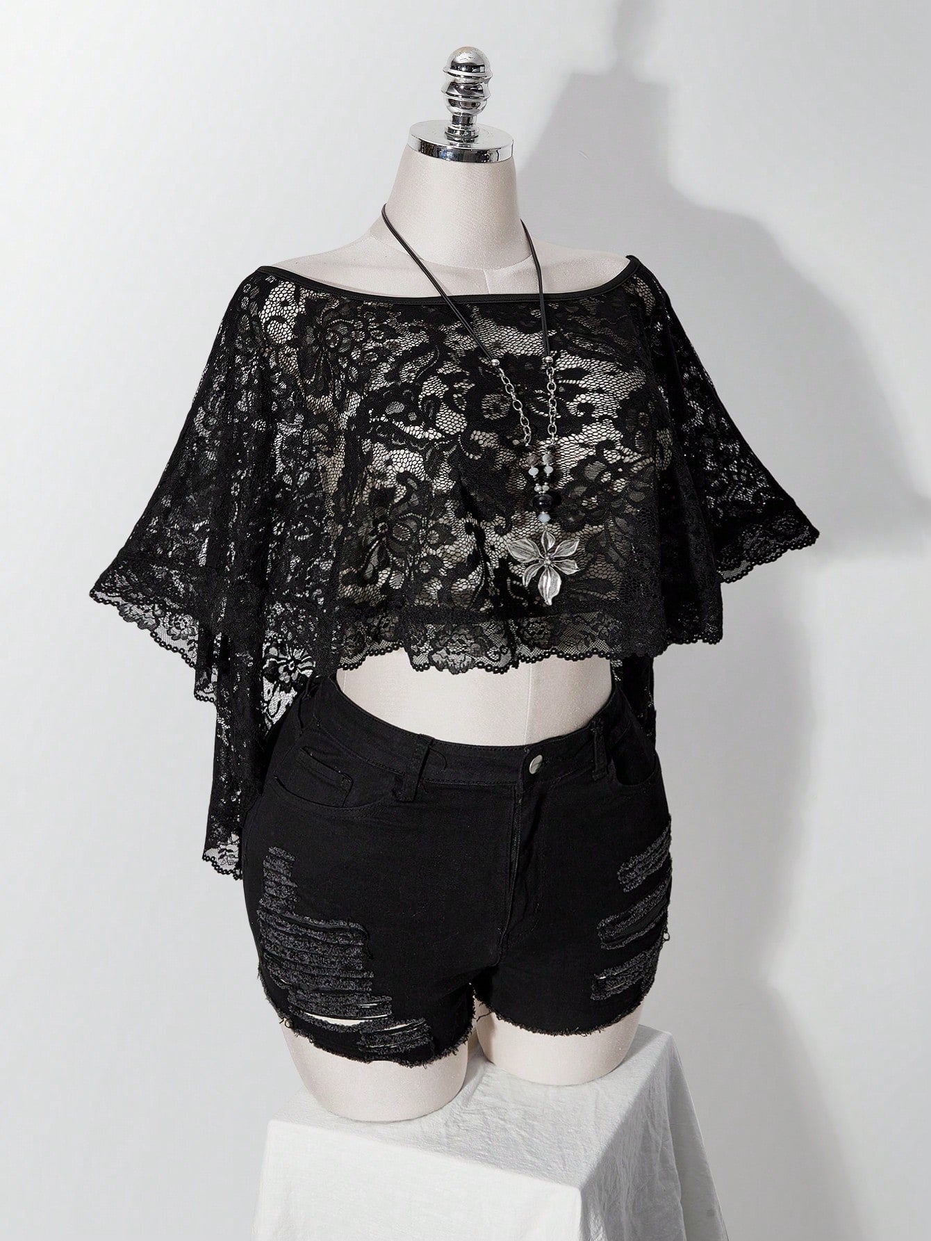 ICON Women's Plus Size Retro Sexy Millennial Style Y2K Simple Elegant Everyday Commute Boat Neck Can Be Worn Off-Shoulder Black Lace Shawl Semi-Sheer Top