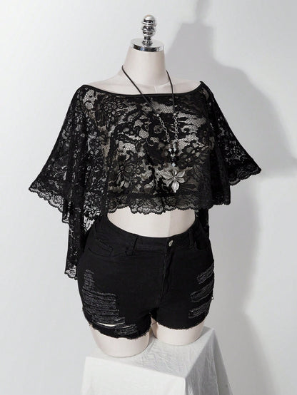 ICON Women's Plus Size Retro Sexy Millennial Style Y2K Simple Elegant Everyday Commute Boat Neck Can Be Worn Off-Shoulder Black Lace Shawl Semi-Sheer Top