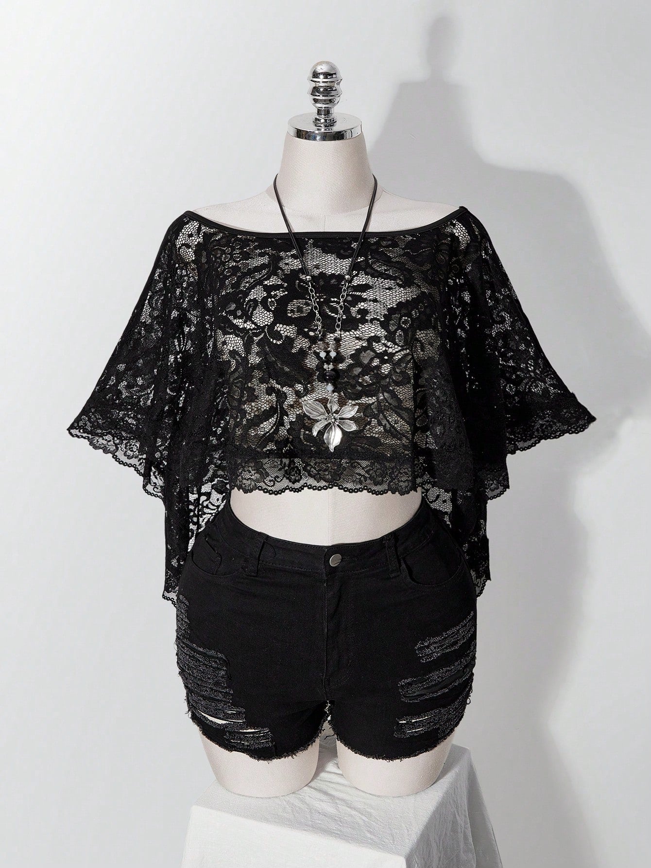 ICON Women's Plus Size Retro Sexy Millennial Style Y2K Simple Elegant Everyday Commute Boat Neck Can Be Worn Off-Shoulder Black Lace Shawl Semi-Sheer Top