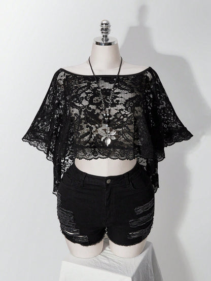 ICON Women's Plus Size Retro Sexy Millennial Style Y2K Simple Elegant Everyday Commute Boat Neck Can Be Worn Off-Shoulder Black Lace Shawl Semi-Sheer Top