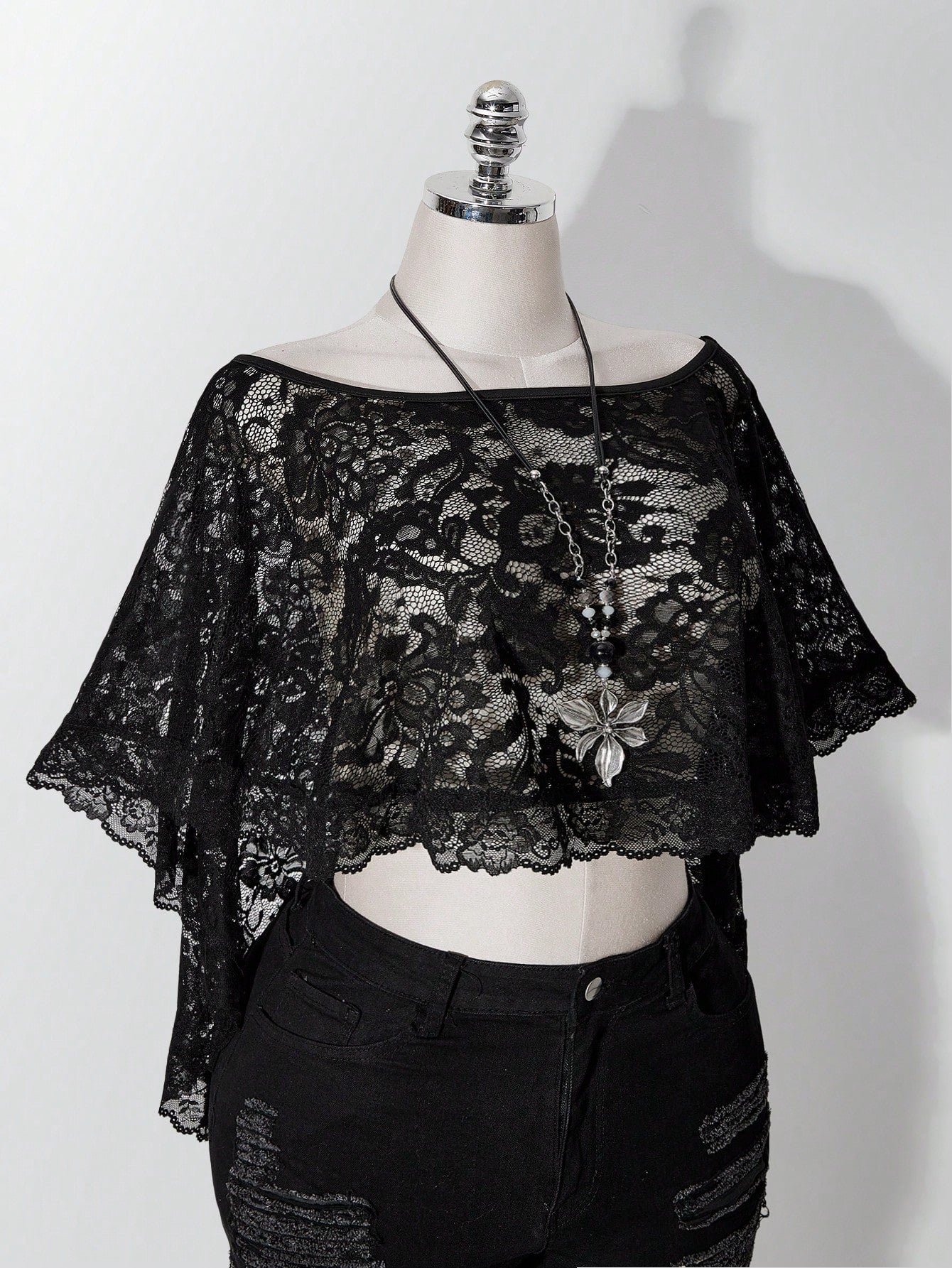 ICON Women's Plus Size Retro Sexy Millennial Style Y2K Simple Elegant Everyday Commute Boat Neck Can Be Worn Off-Shoulder Black Lace Shawl Semi-Sheer Top