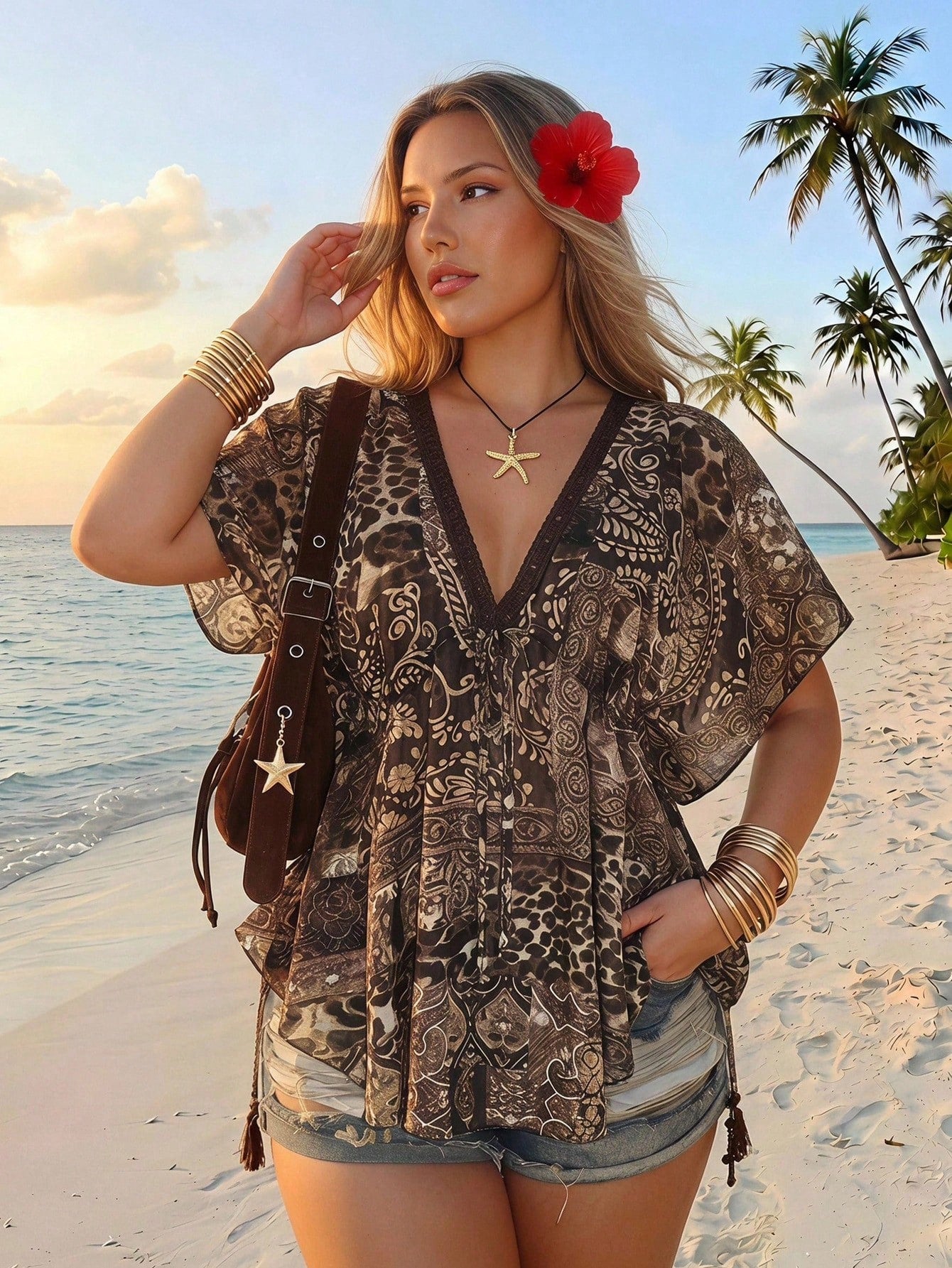 ICON Women's Plus Size Vacation Botanical Print Contrast Lace V-Neck Batwing Short Sleeve Top Vacation Brown Summer Boho