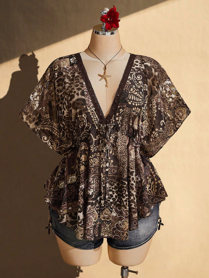 ICON Women's Plus Size Vacation Botanical Print Contrast Lace V-Neck Batwing Short Sleeve Top Vacation Brown Summer Boho