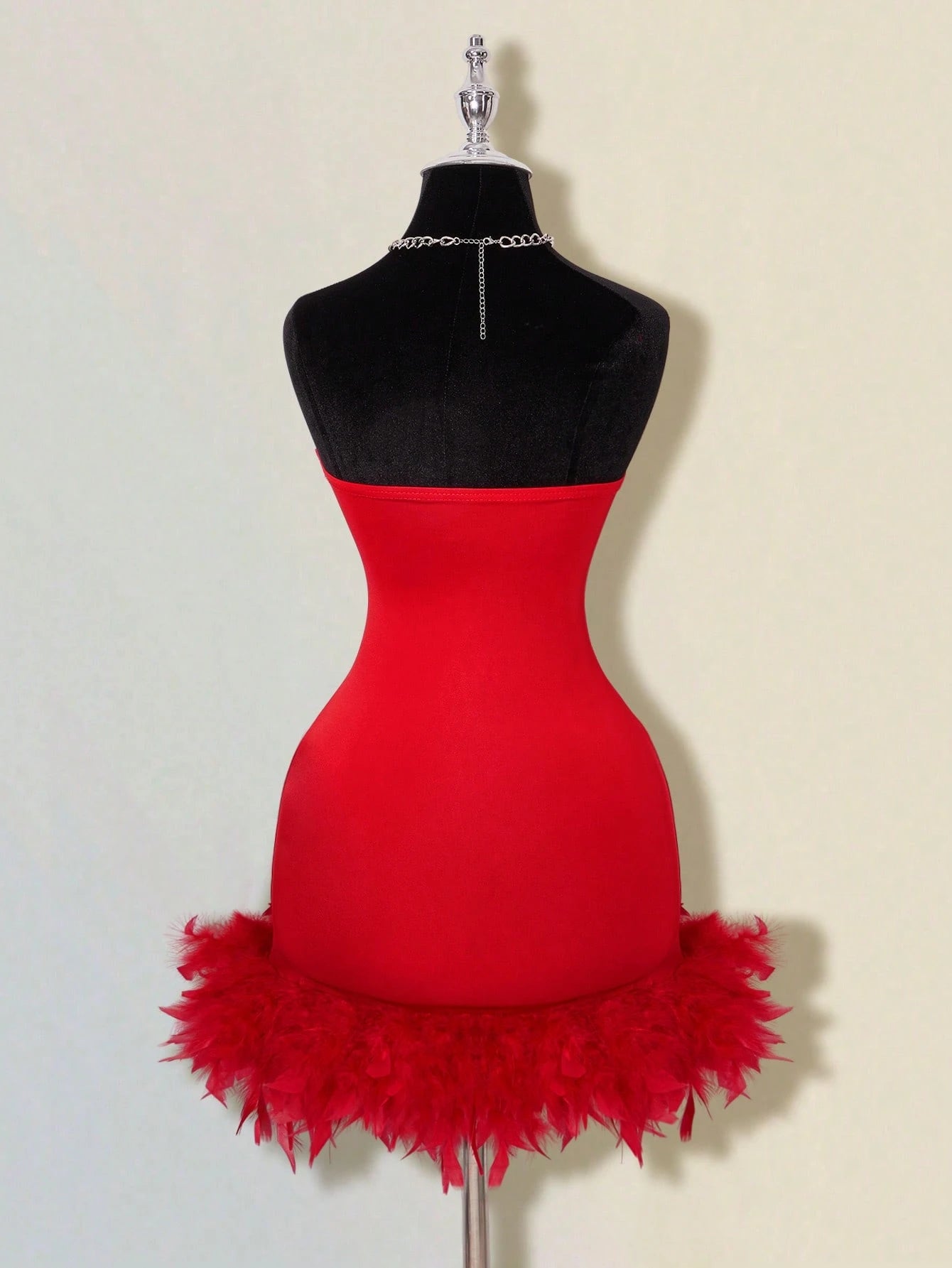 ICON Women's Rhinestone Embellished Deep V Neck Sleeveless Mini Dress With Furry Hem, Party Wear