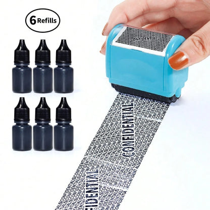 Identity Theft Protection Roller Stamp Set- Blue (Includes Replacement Ink, Bottle With Cap For Easy Use, Storage Box),Back To School,School Supplies