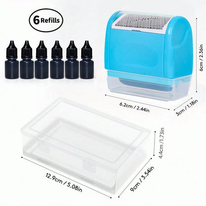 Identity Theft Protection Roller Stamp Set- Blue (Includes Replacement Ink, Bottle With Cap For Easy Use, Storage Box),Back To School,School Supplies