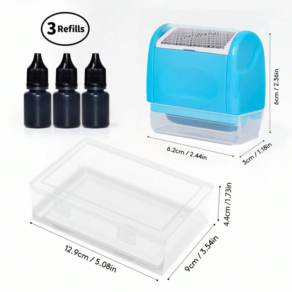 Identity Theft Protection Roller Stamp Set- Blue (Includes Replacement Ink, Bottle With Cap For Easy Use, Storage Box),Back To School,School Supplies