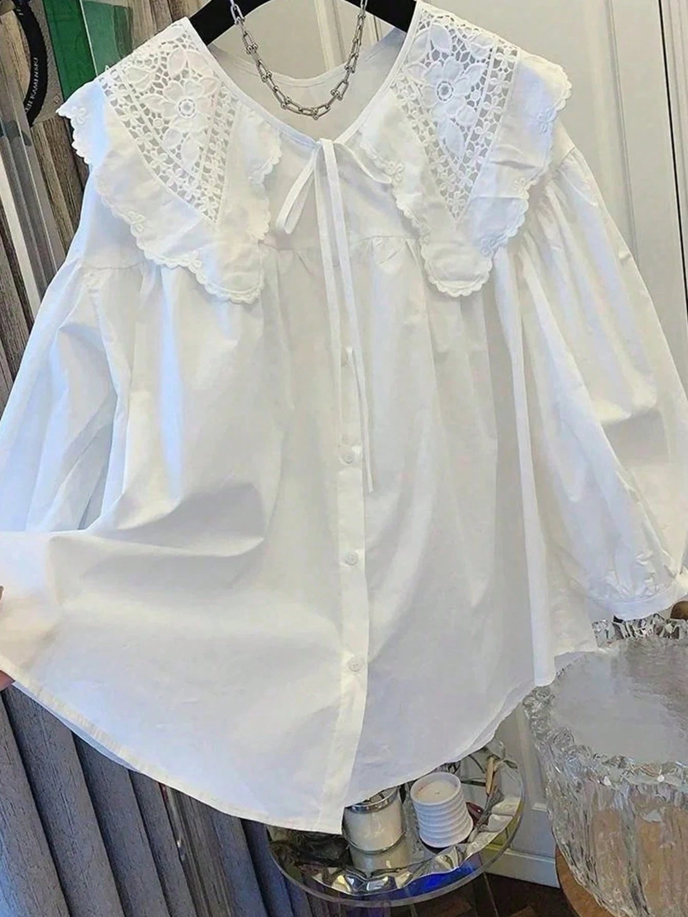ii Peter Pan Collar Sweet Loose Long Sleeve Versatile Blouse, Plus Size Women Top White