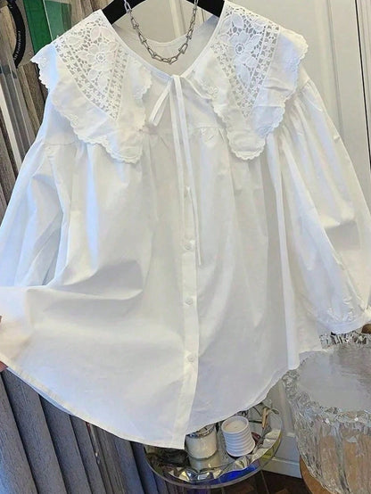 ii Peter Pan Collar Sweet Loose Long Sleeve Versatile Blouse, Plus Size Women Top White