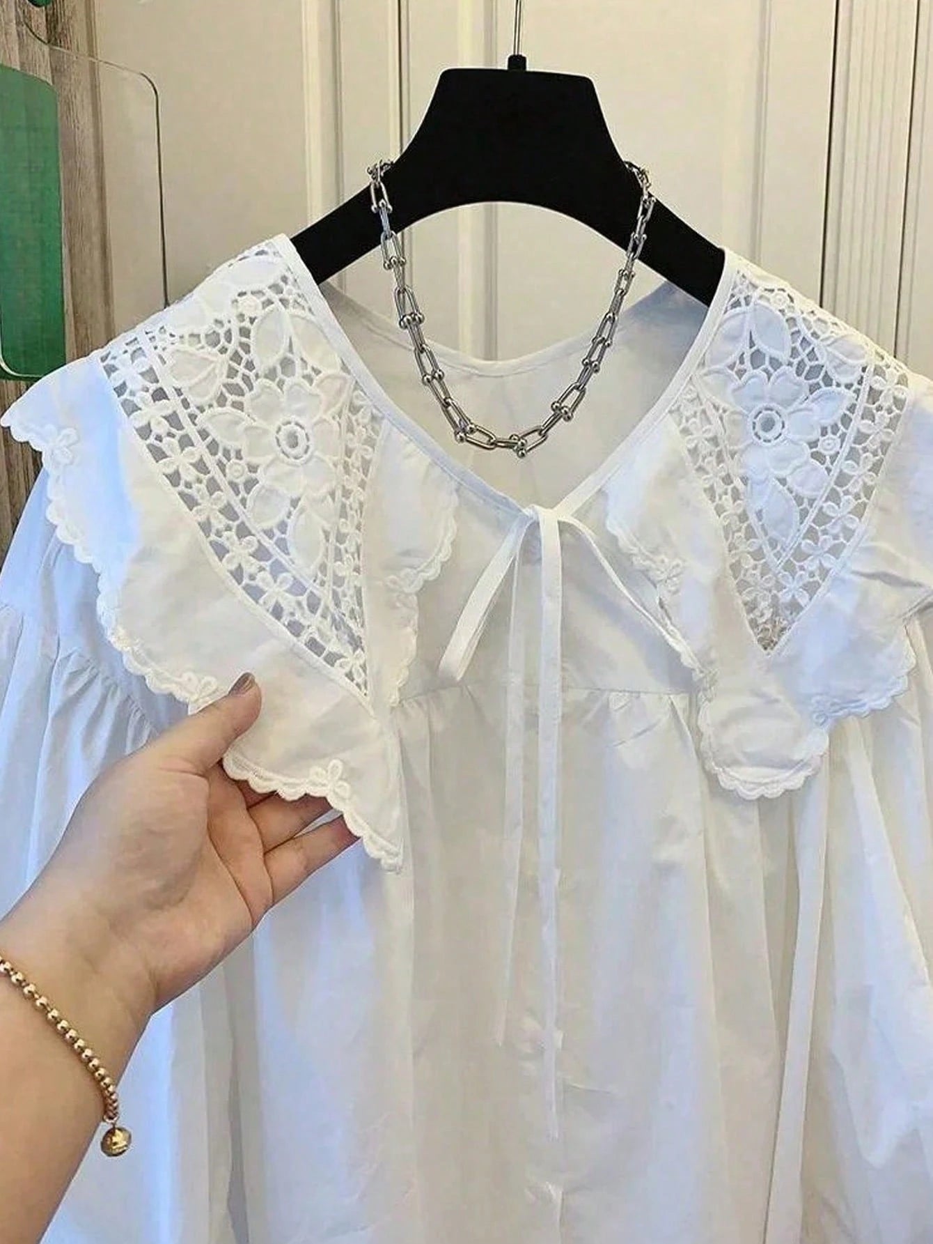ii Peter Pan Collar Sweet Loose Long Sleeve Versatile Blouse, Plus Size Women Top White