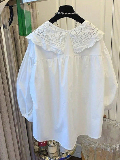 ii Peter Pan Collar Sweet Loose Long Sleeve Versatile Blouse, Plus Size Women Top White