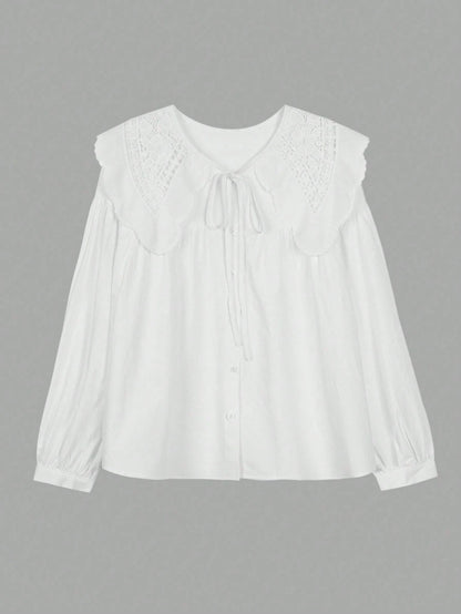 ii Peter Pan Collar Sweet Loose Long Sleeve Versatile Blouse, Plus Size Women Top White