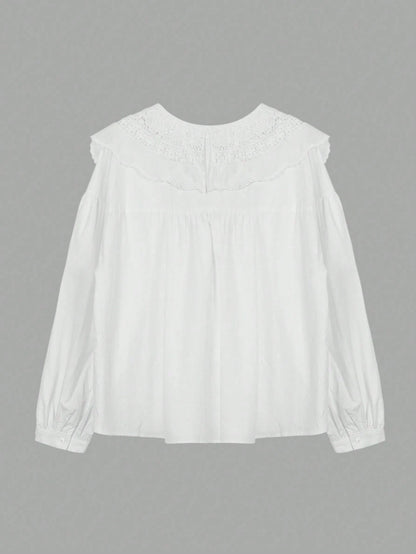 ii Peter Pan Collar Sweet Loose Long Sleeve Versatile Blouse, Plus Size Women Top White