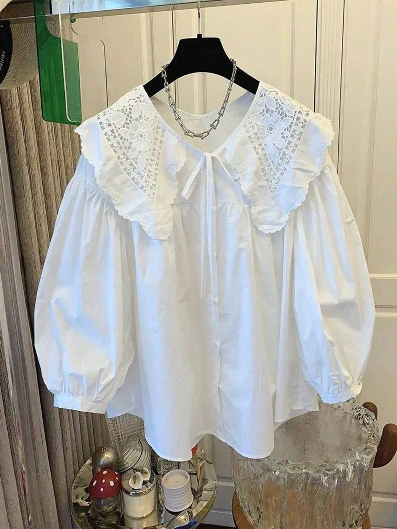 ii Peter Pan Collar Sweet Loose Long Sleeve Versatile Blouse, Plus Size Women Top White