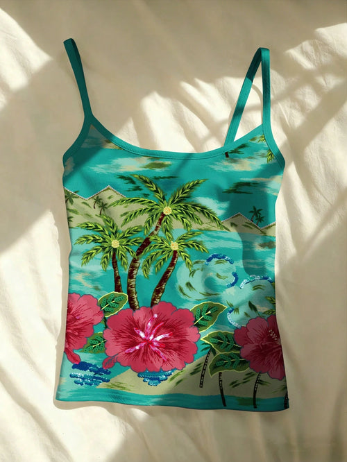 INAWLY Digital Positioning Burn Print Summer Vacation Palm Tree Print Women's Camisole
