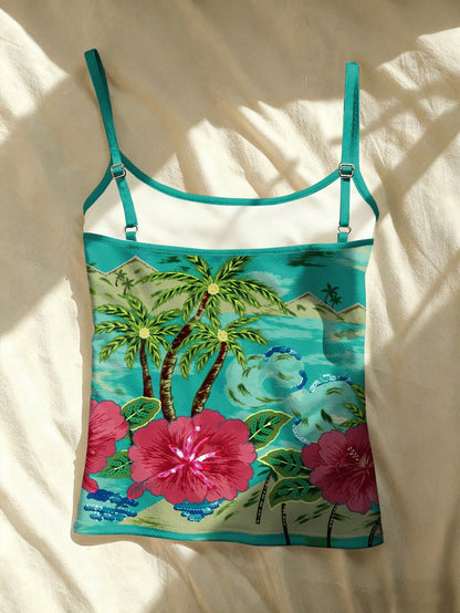 INAWLY Digital Positioning Burn Print Summer Vacation Palm Tree Print Women's Camisole